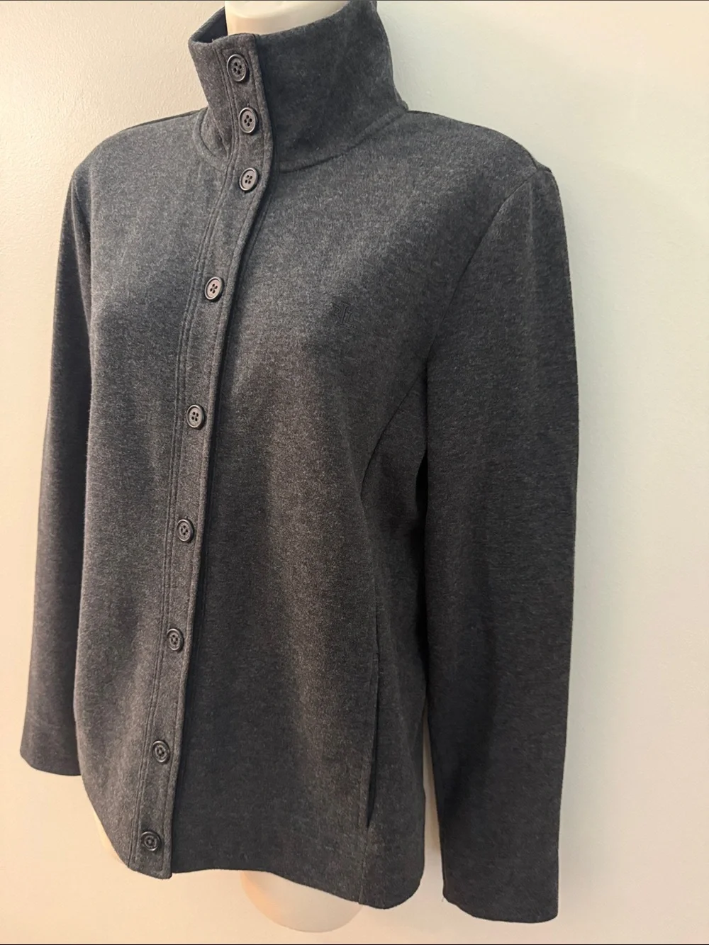 Lauren Ralph Lauren Charcoal Button-Up Funnel Neck Sweater
